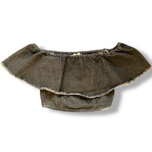 Y2K American Eagle Black Grey Denim Off The Shoulder Smocked Crop Top